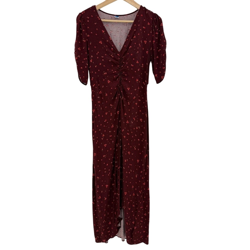 Old Navy Burgundy Floral Puff Sleeve Ruched V-Neck Maxi Dress Medium 753045-02